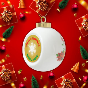 Groen, Rood & Goud Vrolijk Kerstfeest Keramische Bal Ornament