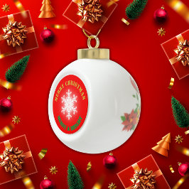 Groen, Rood & Goud Vrolijk Kerstfeest | Keramische Bal Ornament
