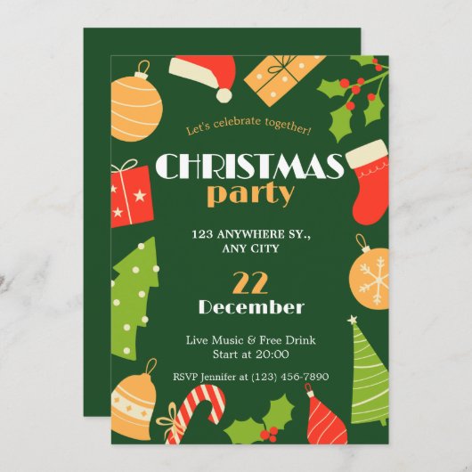 Groen Rood Grappig Eenvoudig Kerstfeest Uitnodigin Kaart (Voorkant / Achterkant)
