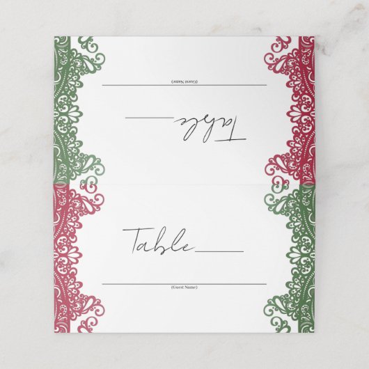 Groen Rood Kant Elegant Fiesta Trouwtafel Nummer Plaatskaartje (Buitenkant ongevouwen)
