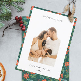 Groen Rood Kerst Bloem Motief Foto Gelukkig Feestdagenkaart