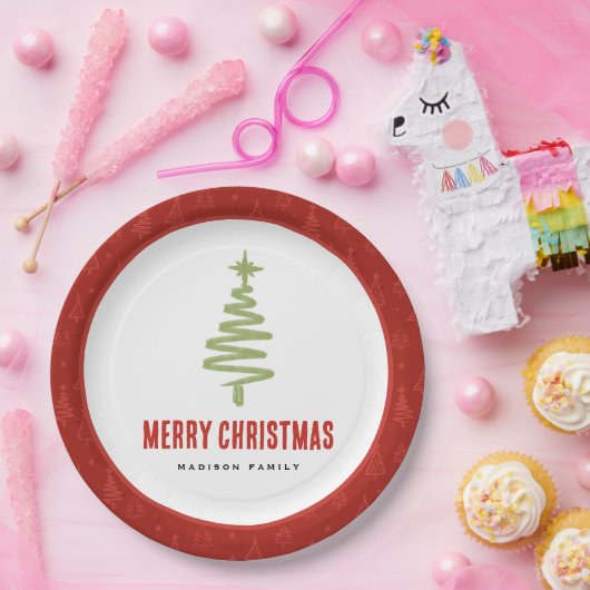Groen & Rood Minimale Kerstboom Familie Vakantie Papieren Bordje (Feest)