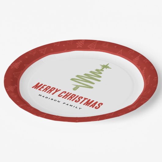 Groen & Rood Minimale Kerstboom Familie Vakantie Papieren Bordje (Gekanteld)