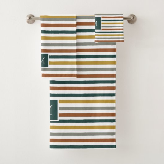 Groen, rood, Oranje strepen Monogram Bad Handdoek (Insitu)