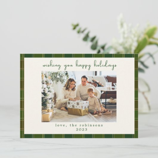 Groen Rood Plaid Aangepaste Foto Kerstmis Feestdagenkaart (Staand voorkant)