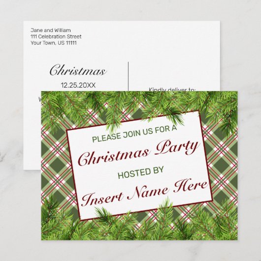 Groen Rood Plaid Kerstfeest Uitnodigend Briefkaart (Voorkant / Achterkant)