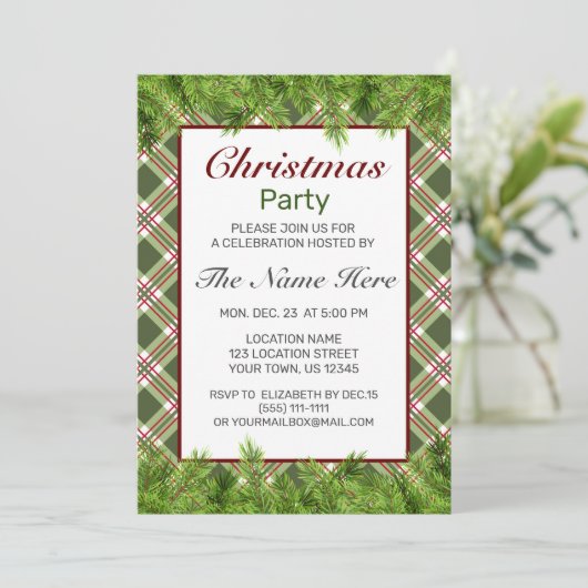 Groen Rood Plaid & Pine Branch Kerstfeest Kaart (Staand voorkant)