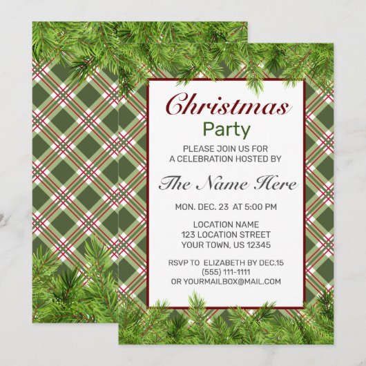 Groen Rood Plaid & Pine Branch Kerstfeest Kaart (Voorkant / Achterkant)