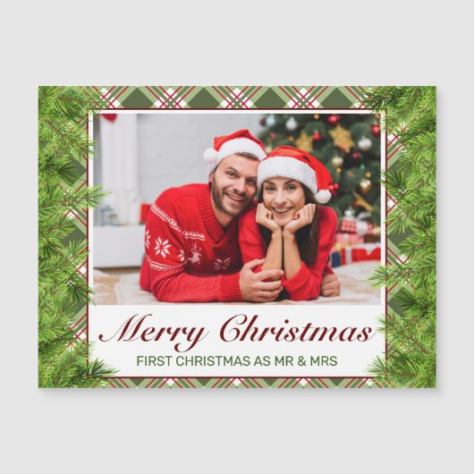 Groen Rood Plaid & Pine Foto Vrolijk Kerstfeest (Voorkant)