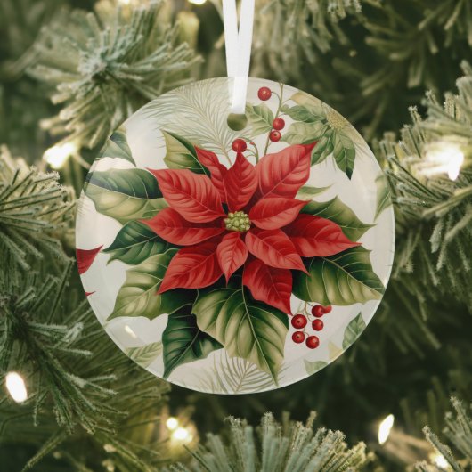 Groen Rood Poinsettia Bloem Kerstvakantie Glas Ornament (Insitu)