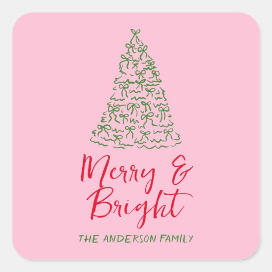Groen Rood Roze Hand Getrokken Linten Boom Kerstmi Vierkante Sticker (Voorkant)