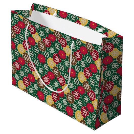 Groen, rood, sneeuwvlokken Gift Bag - Groot, glanz Large Cadeautasje (Achterkant Gekanteld)