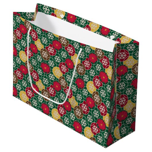 Groen, rood, sneeuwvlokken Gift Bag - Groot, glanz Large Cadeautasje (Voorkant Gekanteld)