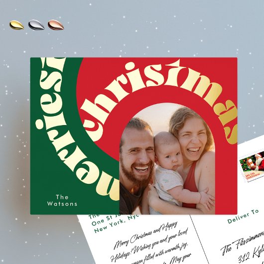 Groen Rood Vetgedrukte Kerstmis Goud Ovaal One Pho Folie Feestdagen Briefkaart