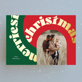 Groen Rood Vetgedrukte Kerstmis Goud Ovaal One Pho Folie Feestdagenkaart