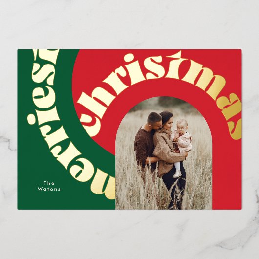 Groen Rood Vetgedrukte Kerstmis Goud Ovaal One Pho Folie Feestdagenkaart (Voorkant)