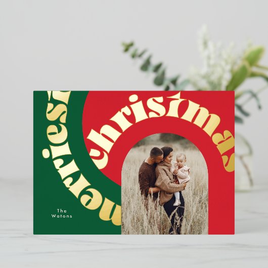 Groen Rood Vetgedrukte Kerstmis Goud Ovaal One Pho Folie Feestdagenkaart (Staand Voorkant)