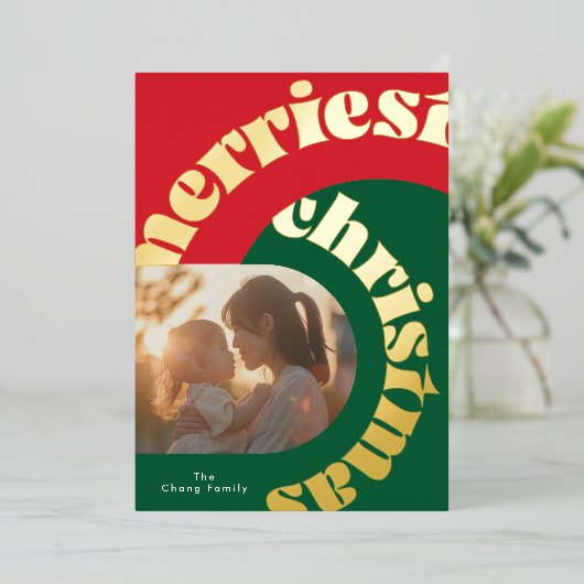 Groen Rood Vetgedrukte Kerstmis Goud Ovaal Twee Fo Folie Feestdagenkaart (Staand Voorkant)