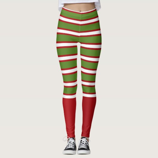 Groen Rood & Wit Gelaagde Strepen Feestelijk Leggings (Voorkant)
