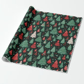 Groen Rood Wit Kerstbomen Zwart Kerstmis Cadeaupapier (Uitgerold)