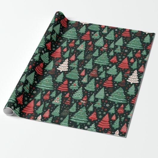 Groen Rood Wit Kerstbomen Zwart Kerstmis Cadeaupapier (Uitgerold)