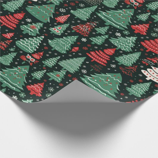 Groen Rood Wit Kerstbomen Zwart Kerstmis Cadeaupapier (Hoek)
