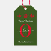 Groen rood wit monogram script kerst cadeaulabel (Voorkant)