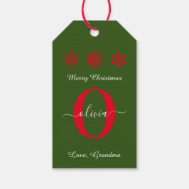 Groen rood wit monogram script kerst cadeaulabel