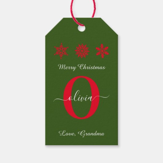 Groen rood wit monogram script kerst cadeaulabel (Voorkant)