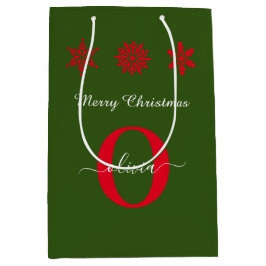 Groen rood wit monogram script kerst medium cadeauzakje