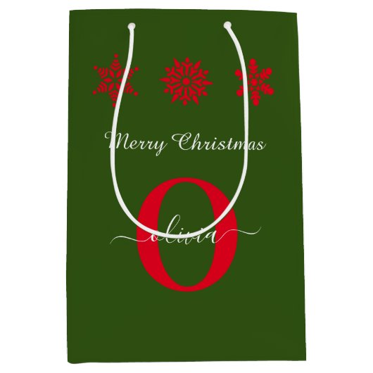 Groen rood wit monogram script kerst medium cadeauzakje (Voorkant)