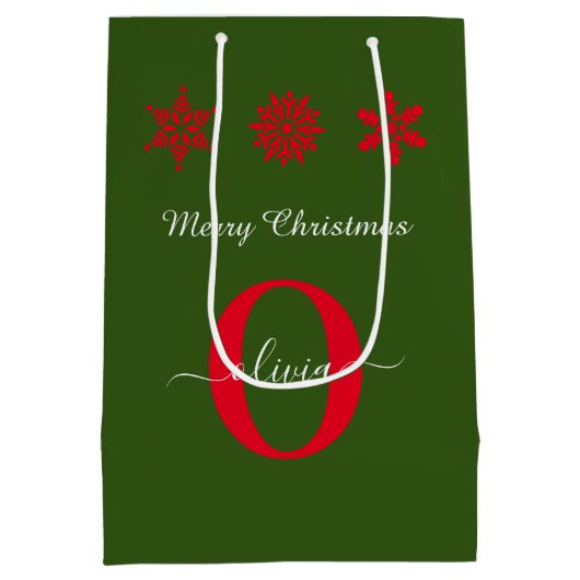 Groen rood wit monogram script kerst medium cadeauzakje (Achterkant)