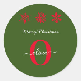 Groen rood wit monogram script kerst ronde sticker