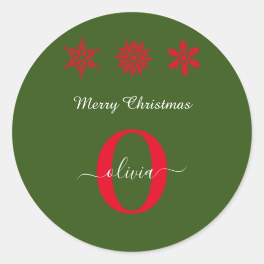 Groen rood wit monogram script kerst ronde sticker (Voorkant)