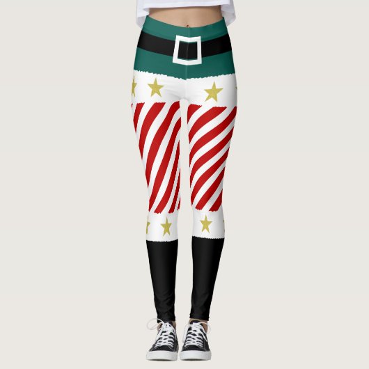 Groen Rood Wit Strepen Candy Cane Elf Kerstmis Leggings (Voorkant)