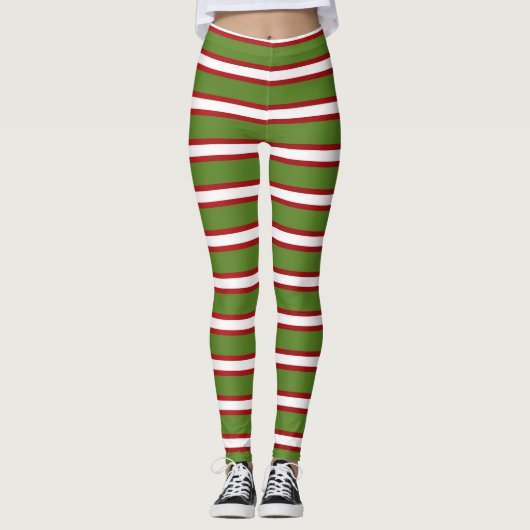 Groen Rood & Wit Strepen Vakantie Kerstmis Leggings (Voorkant)