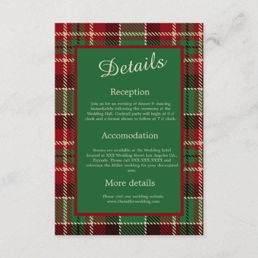 Groen Rood Zwart Schots Keltisch Tartan bruiloft Informatiekaartje (Voorkant)