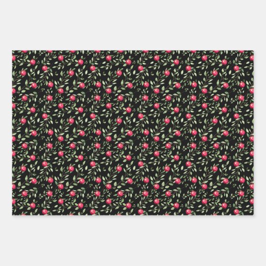 Groen Rood Zwart Witte Waterverf Kerstbladeren Inpakpapier Vel (Voorkant 3)
