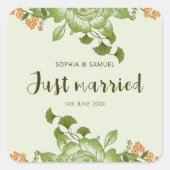 Groen Roos Bloemen Bruiloft Thema Vierkante Sticker (Voorkant)