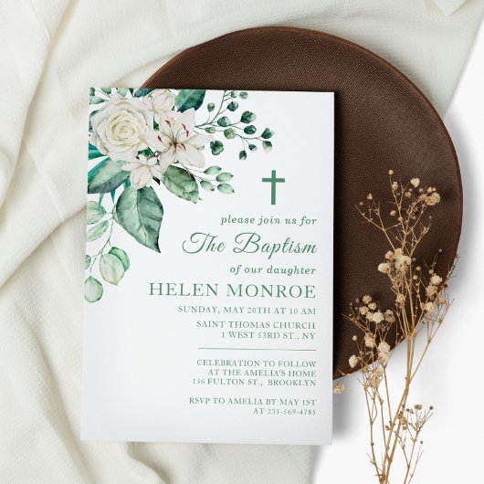 Groen Roos Bloemen Doop Kaart