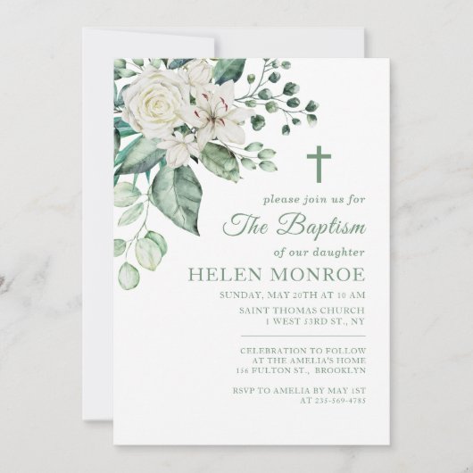 Groen Roos Bloemen Doop Kaart (Voorkant)