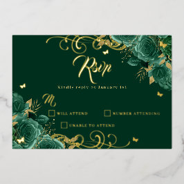 Groen Roos Floral Gold Swirl Gold Quinceanera Folie Uitnodiging