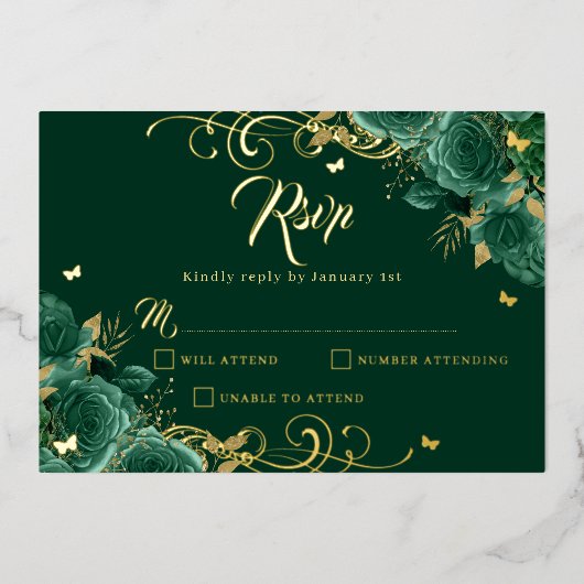 Groen Roos Floral Gold Swirl Gold Quinceanera Folie Uitnodiging (Voorkant)