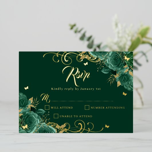 Groen Roos Floral Gold Swirl Gold Quinceanera Folie Uitnodiging (Staand Voorkant)