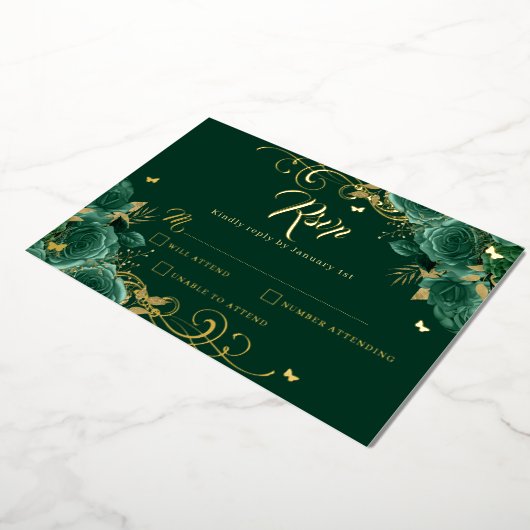 Groen Roos Floral Gold Swirl Gold Quinceanera Folie Uitnodiging (Gedraaid)