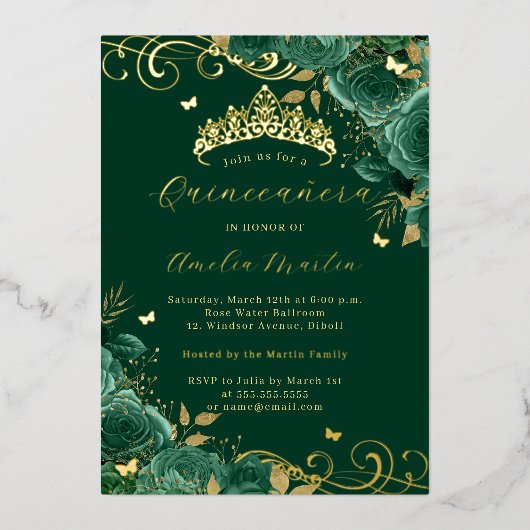 Groen Roos Floral Gold Swirl Quinceanera Folie Uitnodiging (Voorkant)