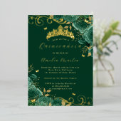 Groen Roos Floral Gold Swirl Quinceanera Folie Uitnodiging (Staand Voorkant)