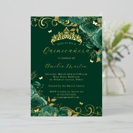 Groen Roos Floral Gold Swirl Quinceanera Folie Uitnodiging (Staand Voorkant)