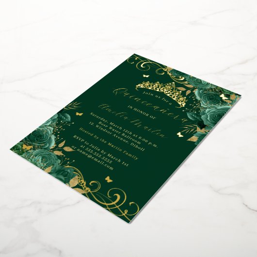 Groen Roos Floral Gold Swirl Quinceanera Folie Uitnodiging (Gedraaid)