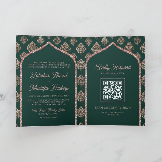 Groen Roos Goud Damast Arch QR Code Moslim Bruilof (Binnen)